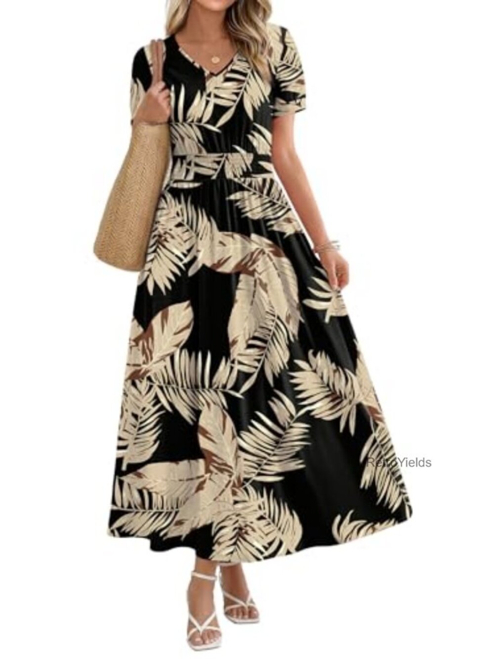 Women's Maxi Dress V Neck A Line Smocked Waist Flowy Casual Summer Beach